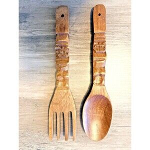 Vtg Handcarved Tiki Totem Wooden Fork & Spoon Wall Hanging Set Decor